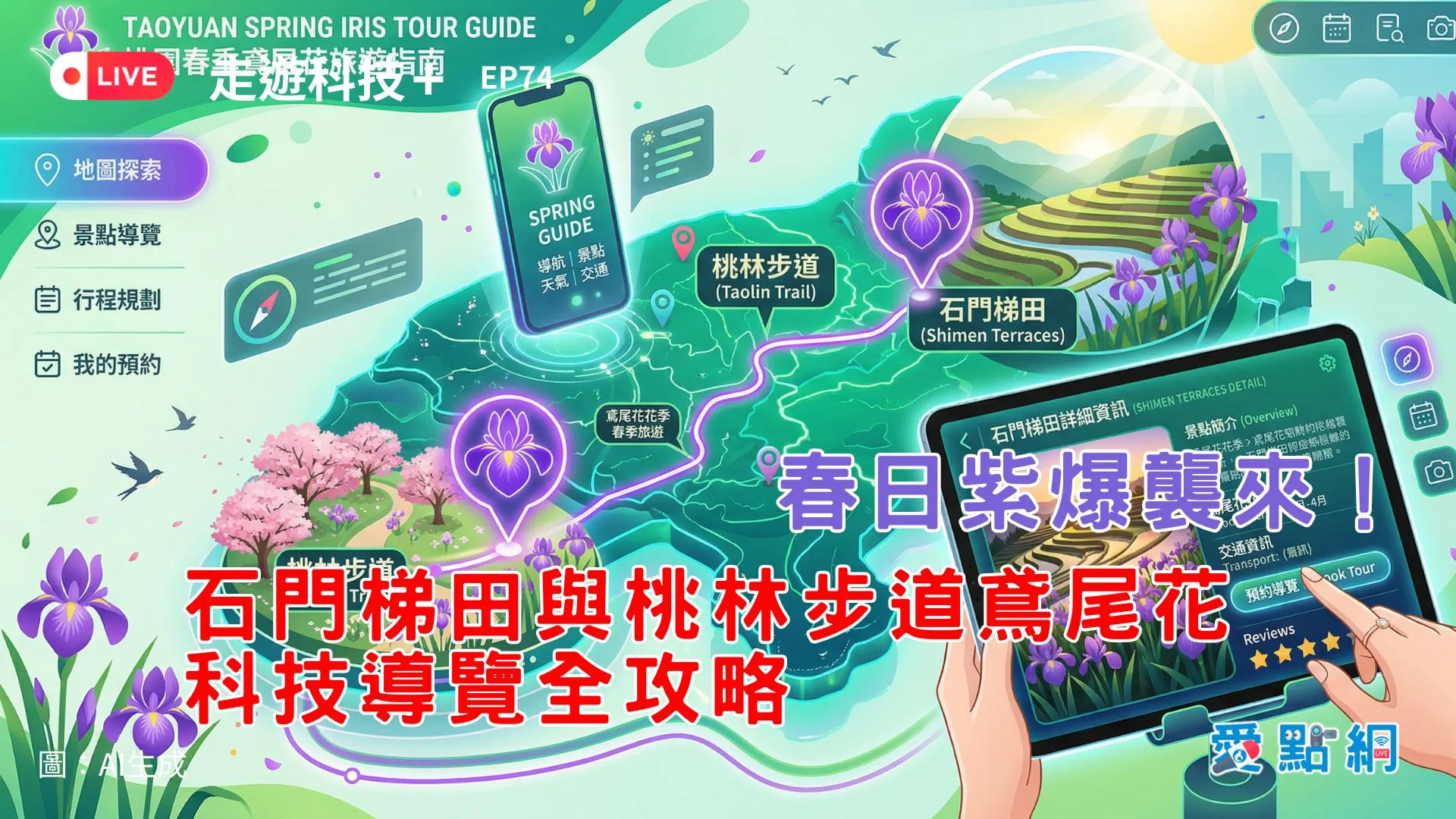 走遊科技+ Ep74｜春日紫爆襲來！石門梯田與桃林步道鳶尾花 科技導覽全攻略